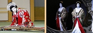 写真左：白雪姫（玉三郎） 写真右：お妃実は魔女（團十郎・右）と鏡の精（海老蔵・左）