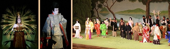 写真左：北千住観音（菊五郎）、写真中：王子（幸四郎）、写真右：フィナーレ(夜の部）（中央の紋付袴は右より芝翫、富十郎、又五郎、勘三郎、三津五郎）